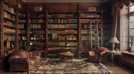 Elegant vintage library interior with towering bookshelves and classic furniture