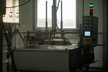 Process of organic cheese making from cow milk on bio cheese farm in Netherlands, dutch cheese production