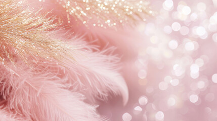 Elegant pastel pink and gold Christmas background with soft feathers and sparkling bokeh