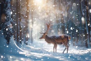 Beautiful Christmas scene with a deer in a winter snowy forest.