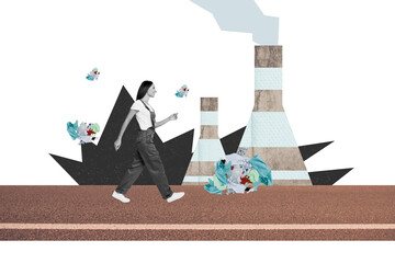 Creative abstract collage of girl go pick trash recycle foil plastic cellophane air pollution pipes...