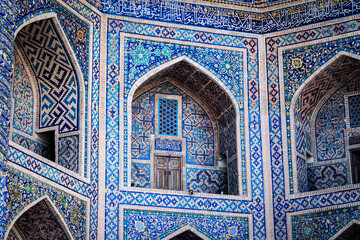 Samarkand Registan, Uzbekistan: old light blue mosaics in Samarkand