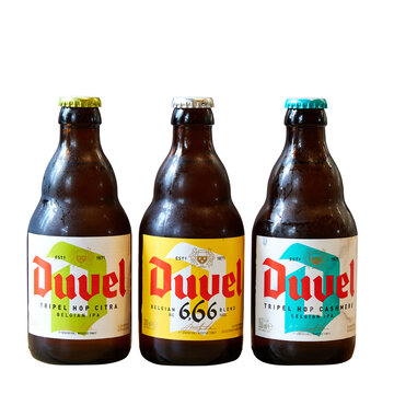 Family bottles of Belgian beer Duvel on white background, made for Belgium.