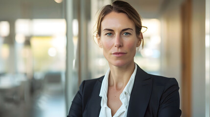 portrait of a business woman, portrait of a business woman, who is dressed in office suit and is looking at the camera with a commanding presence, generative ai