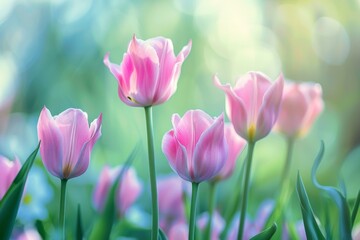 Obraz premium Beautiful delicate spring background with pink tulip flowers close-up.