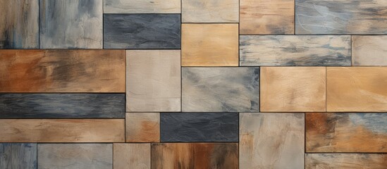 A detailed closeup of a Brown rectangular wooden tile wall, showcasing the intricate pattern, symmetry, and artistic beauty of this hardwood composite building material commonly used for flooring