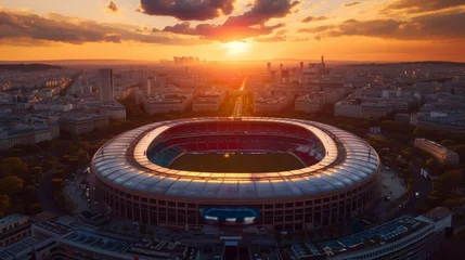 Photo sur Plexiglas Paris Arial image of Parc des Princes stadium during sunset, hyperrealistic. French tricolor.