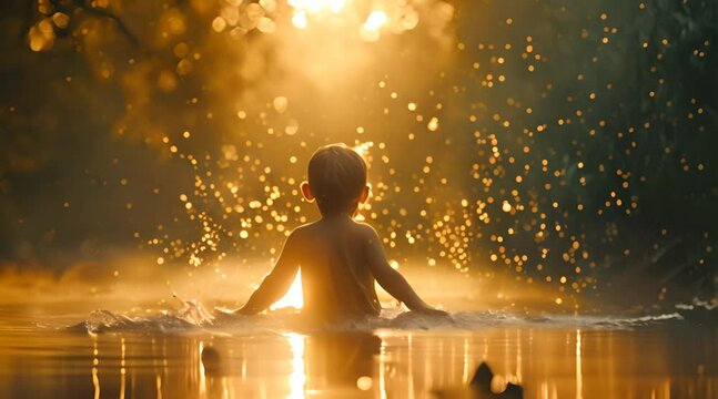 Small child splashes water in a small lake, and observe the beauty of relfecting sunlight on the small water droplets in the air