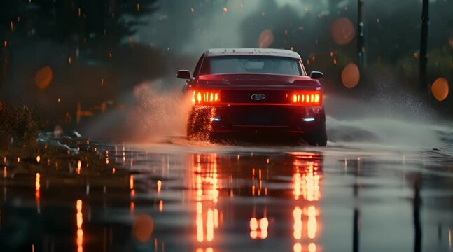 Driver reverse a car in a water puddle on a rainy day