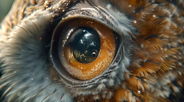 Macro shot of an owl's eye as it looking for the prey