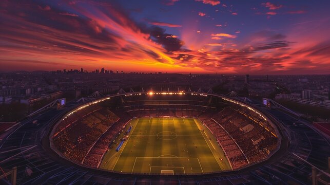 Arial image of Parc des Princes stadium during sunset, hyperrealistic. French tricolor.