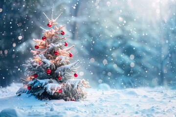 Beautiful Festive Christmas snowy background with holiday lights. Christmas tree decorated with red balls and knitted toys in forest in snowdrifts in snowfall on nature outdoors, panorama, copy space. - obrazy, fototapety, plakaty