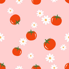Seamless pattern of tomato with green leaf and white flower on pink background vector. 