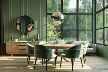Zelfklevend Fotobehang Modern dining room with a round wooden table, a mint green sofa and a cabinet against a forest landscape outside the window. Scandinavian home interior design of a modern living space © Kien