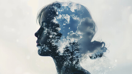 Serene Woman with Double Exposure Forest and Clouds Imagery