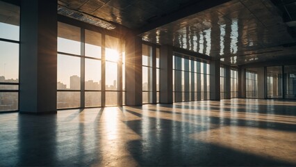 empty office space where the sun's rays penetrate the space, concrete floors, a new beginning - obrazy, fototapety, plakaty