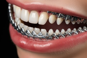 Close-up of orthodontic braces on teeth, textured design for dental care concepts