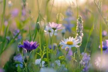 Beautiful field meadow flowers chamomile and violet wild bells in morning green grass in sunlight, natural landscape, close-up. Delightful pastoral airy fresh