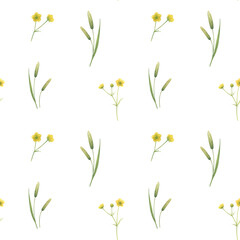 Fototapeta na wymiar Seamless pattern of watercolor wildflowers. A cute and simple pattern for your projects