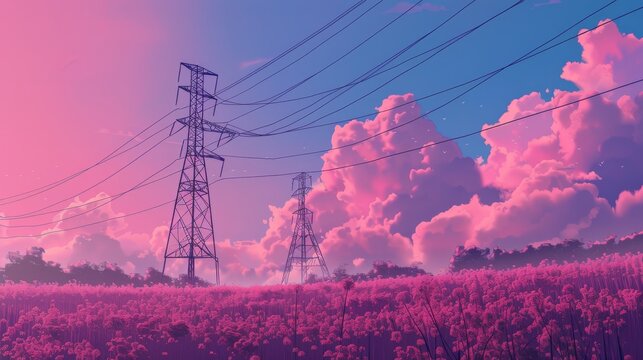 Power lines cut through a vast field under a dramatic sky filled with billowing clouds