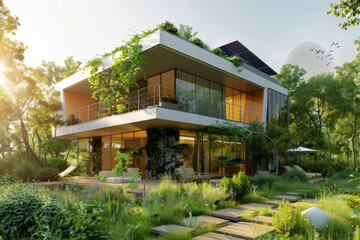 Fototapeta na wymiar Eco-Friendly Modern Home with Solar Panels in a Lush Green Environment