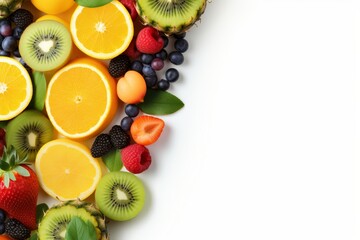 Assorted fresh fruits on white background with copy space for text in healthy eating concept