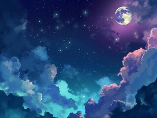 A dreamy nightscape with a glowing full moon amidst a stellar backdrop of twinkling stars and vibrant clouds.