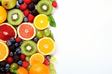 Assorted fresh fruits on white background with copy space for text, healthy organic food concept
