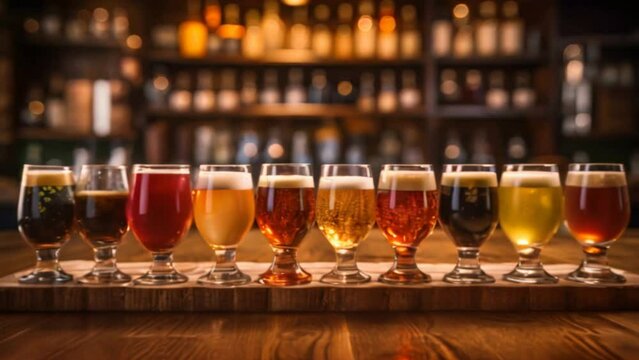 Variety in Brews: Glasses of Craft Beer Arranged on a Bar Counter
