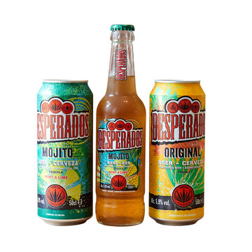 Family can and bottle of Desparados Mojito beer on white background