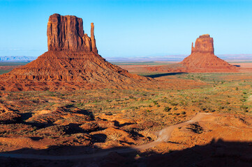 Fototapeta na wymiar West and East Mitten Buttes, Monument Valley Navajo Tribal Park in northeast Navajo County, Arizona
