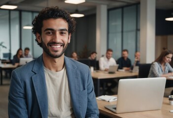 Joyful male professional in a meeting room. Man with colleagues in background at work.