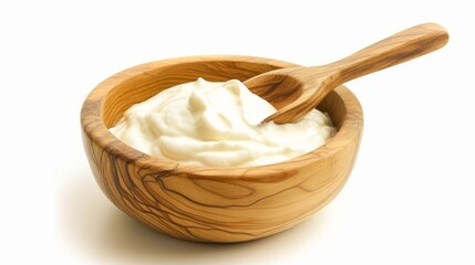 Tasty yoghurt in a wooden bowl isolated on a white background.
