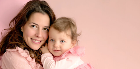 Mothers Day banner background template with a young mom and baby daughter hugging and smiling in front of a pastel background with copy space