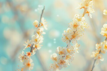 Fototapeta premium Beautiful floral spring abstract background of nature. Branches of blossoming apricot macro with soft focus on gentle light blue sky background. For easter and spring greeting cards with copy space.