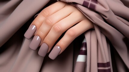 Fototapeta premium Close-up of womans hands with elegant neutral-colored manicure in chic and trendy nail art designs
