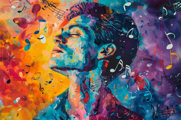 Vibrant Music-Themed Artwork with Painted Portrait and Floating Notes