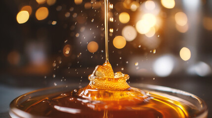 Honey dripping from dipper into bowl on blurred background, closeup
