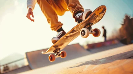 Schilderijen op glas Skateboarder riding a skateboard on a skatepark ramp © Jioo7