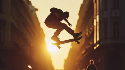 Poster Skateboarder jumping on the street at sunset. Extreme sport. © Jioo7