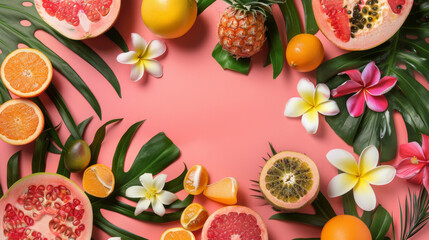 Tropical Fruit Assortment on Pink Background with Floral Accents