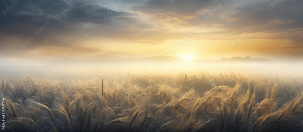 Poster the suns rays break through the cumulus clouds, casting a warm afterglow over the wheat field in the