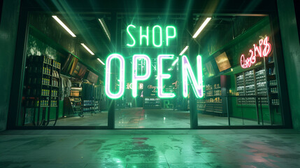 Set against a vibrant emerald green background, the neon letters of 