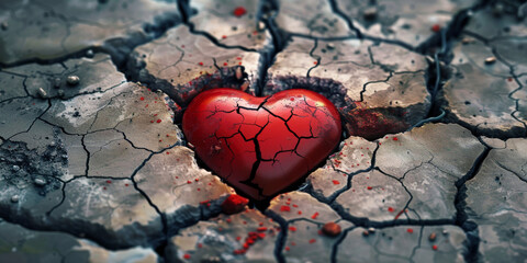  A red stone heart  in a cracked ground as a symbol for a broken heart and lovesickness,