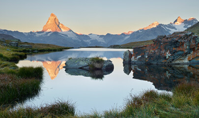 Stellisee, Matterhorn, Zermatt, Wallis, Schweiz - obrazy, fototapety, plakaty