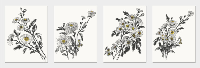 Hand drawn ink brush painting of chrysanthemum flowers, branches with leaves and buds - obrazy, fototapety, plakaty