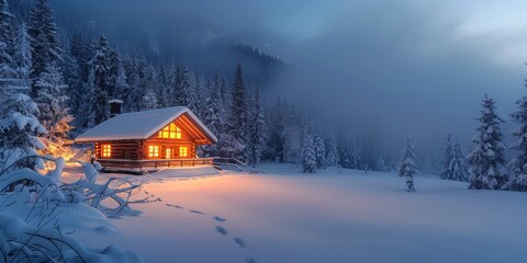Winter landscape in the mountains. Wooden house in the Carpathians.