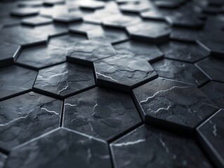 Close-up of black hexagonal tiles with a textured, cracked surface suggesting durability and modern design. - obrazy, fototapety, plakaty