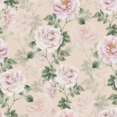 Rose hip pink flowers with buds and green leaves, Victorian style, watercolor seamless pattern on beige background
