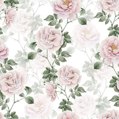Rose hip pink flowers with buds and green leaves, Victorian style, watercolor seamless pattern on white background. - obrazy, fototapety, plakaty